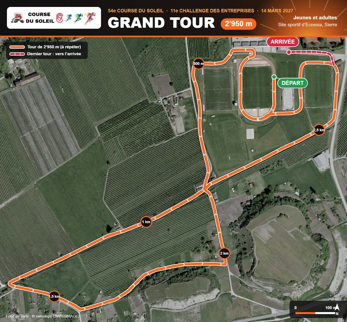 Plan du grand tour de 2950 m (jeunes et adultes), site sportif d’Ecossia, Sierre