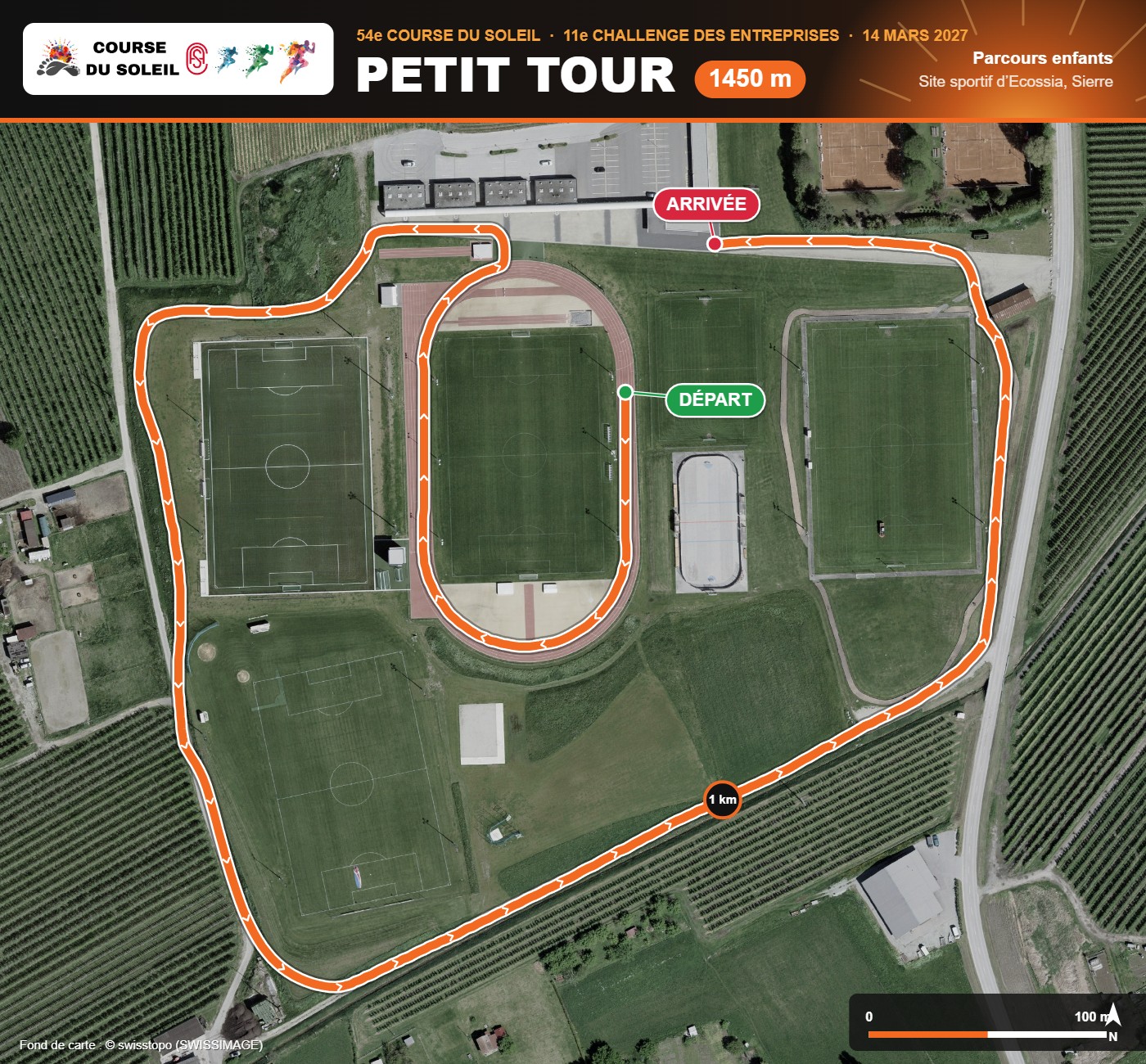 Plan du petit tour de 1450 m (enfants), site sportif d’Ecossia, Sierre